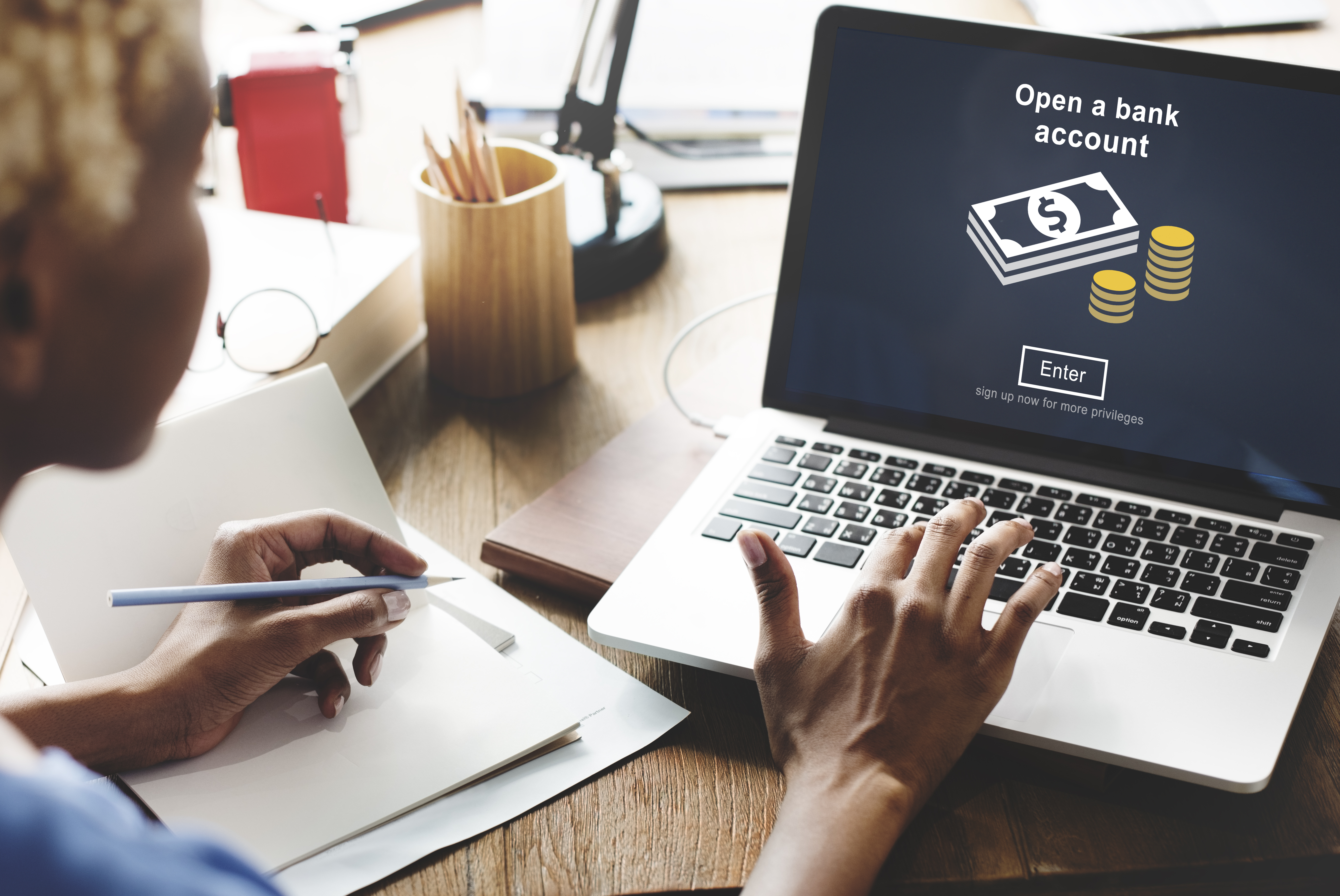 Woman Opening a Bank Account Online Woman Opening a Bank Account Online