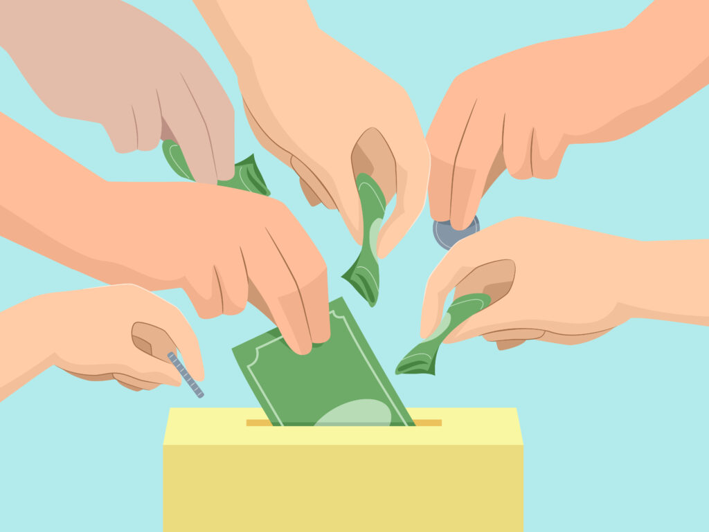  An illustration of several hands putting money into a charity donation box.