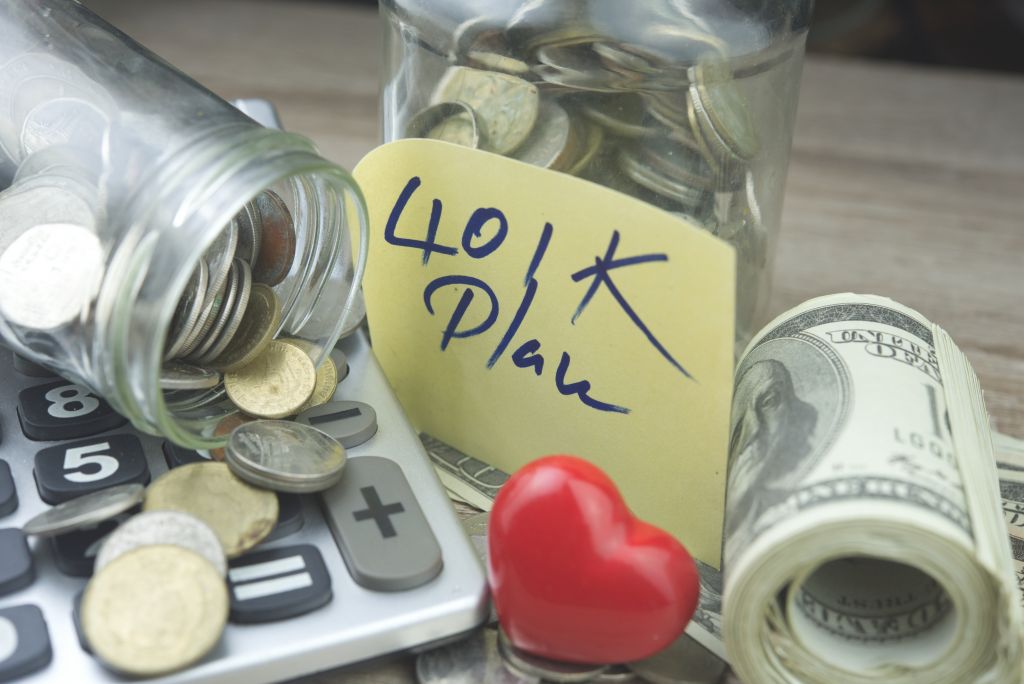 401K Savings Coin Jar and Money Stack 401K Savings Coin Jar and Money Stack