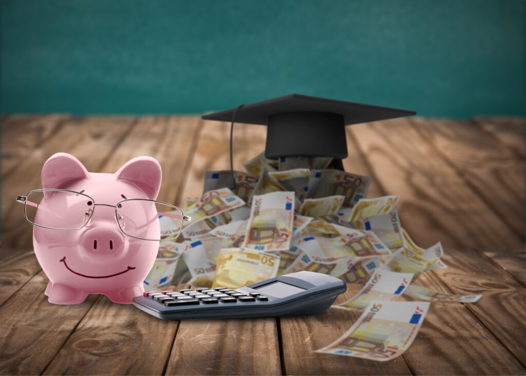 Piggy Bank with Money and Calculator Piggy Bank with Money and Calculator