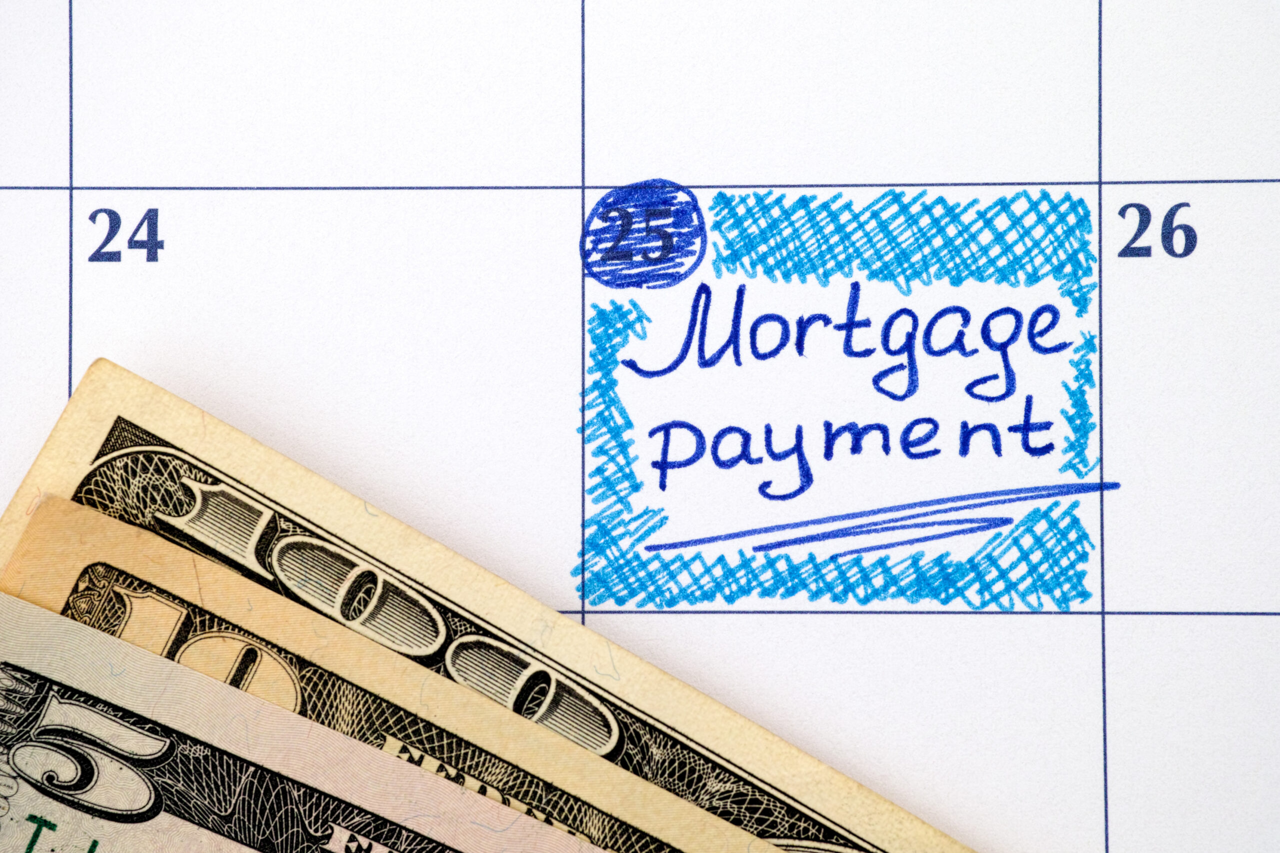 Mortgage Payment Label on Calendar with Cash Mortgage Payment Label on Calendar with Cash
