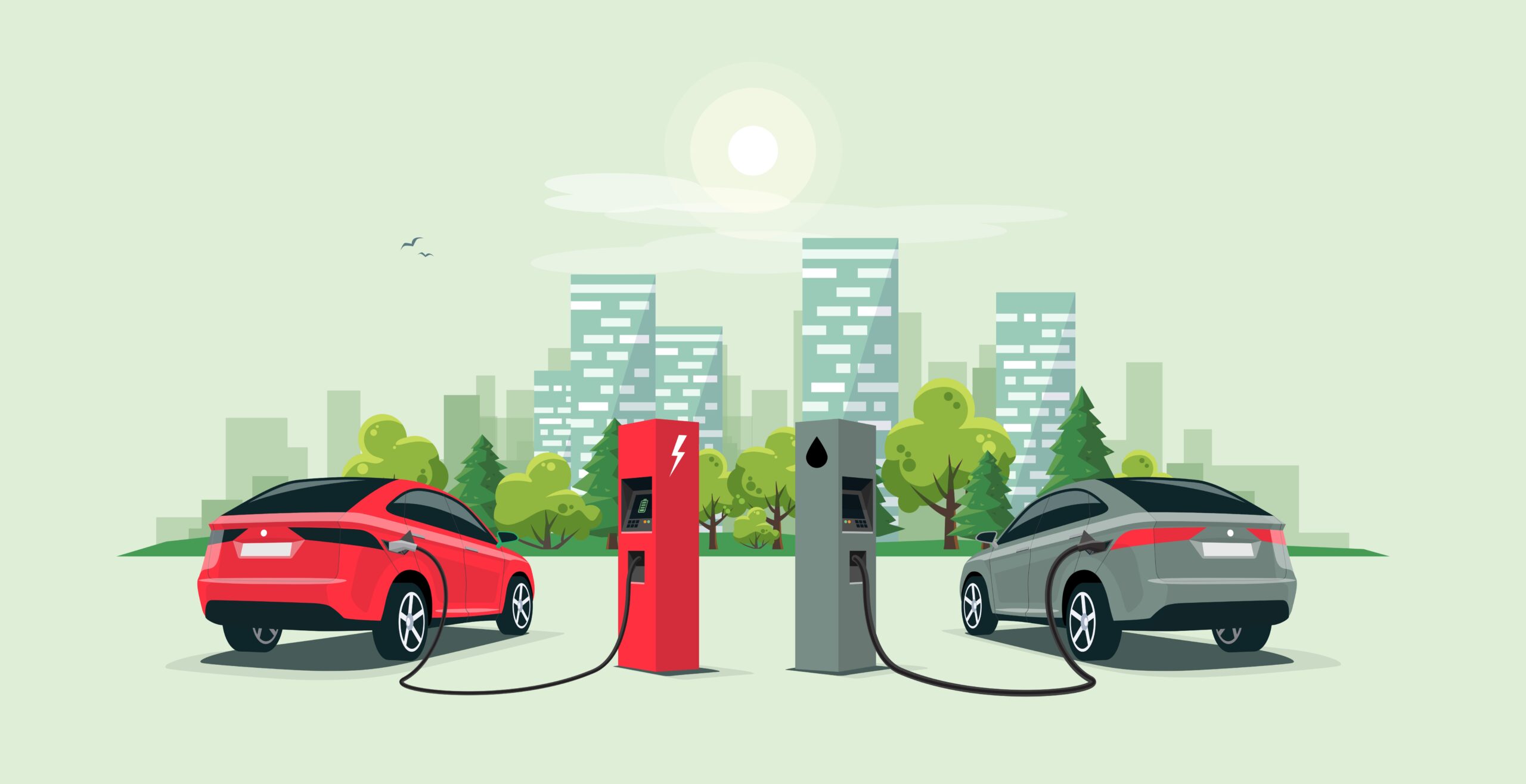 Electric and Gas-Powered Car Fueling Up Electric and Gas-Powered Car Fueling Up
